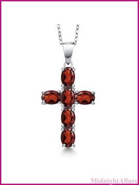 925 Sterling Silver Cross Necklace 6x4mm Oval Garnet Pendant 18" Chain
